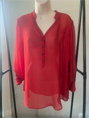 a.n.a Red Sheer Button-Front Blouse